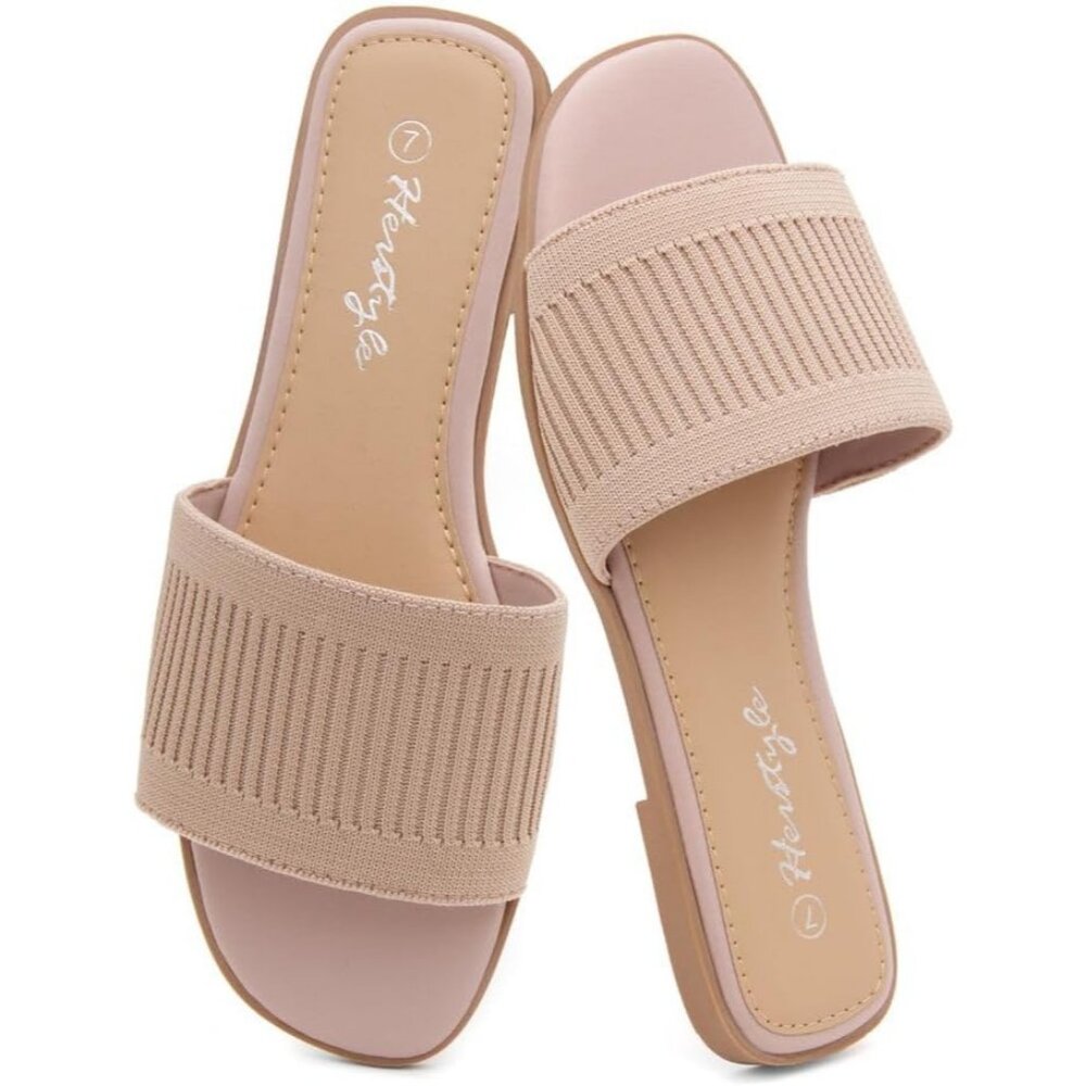 Women’s Tan Knit Slip On Memory Foam Square Open Toe Band Flat Slides Sandals